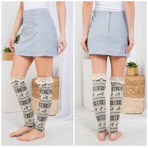 Nordic Print Leg Warmers/Boot Toppers Over the Knee Gray and Cream Color